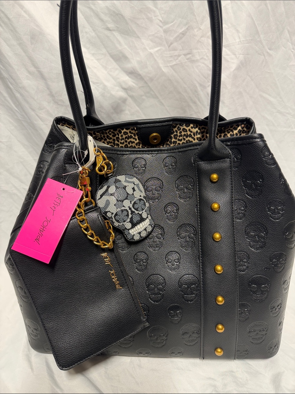 Betsey Johnson Black Embossed Skull Tote with Gold Accents
